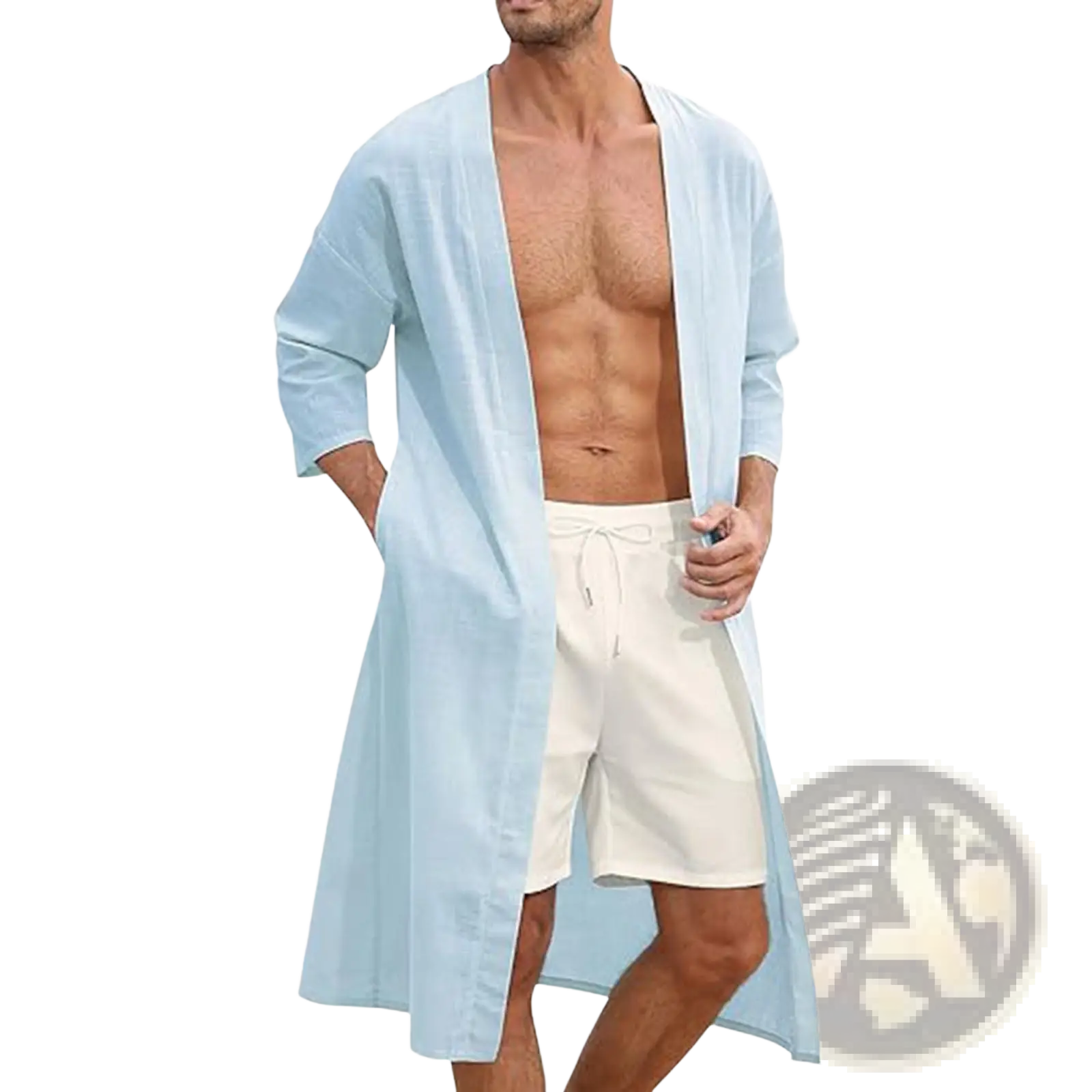 Men’s light blue relaxed fit open front kimono cardigan with three quarter sleeves and loose fitting design