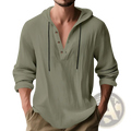 Men’s relaxed linen henley hoodie in olive green with button placket and black drawstring hood
