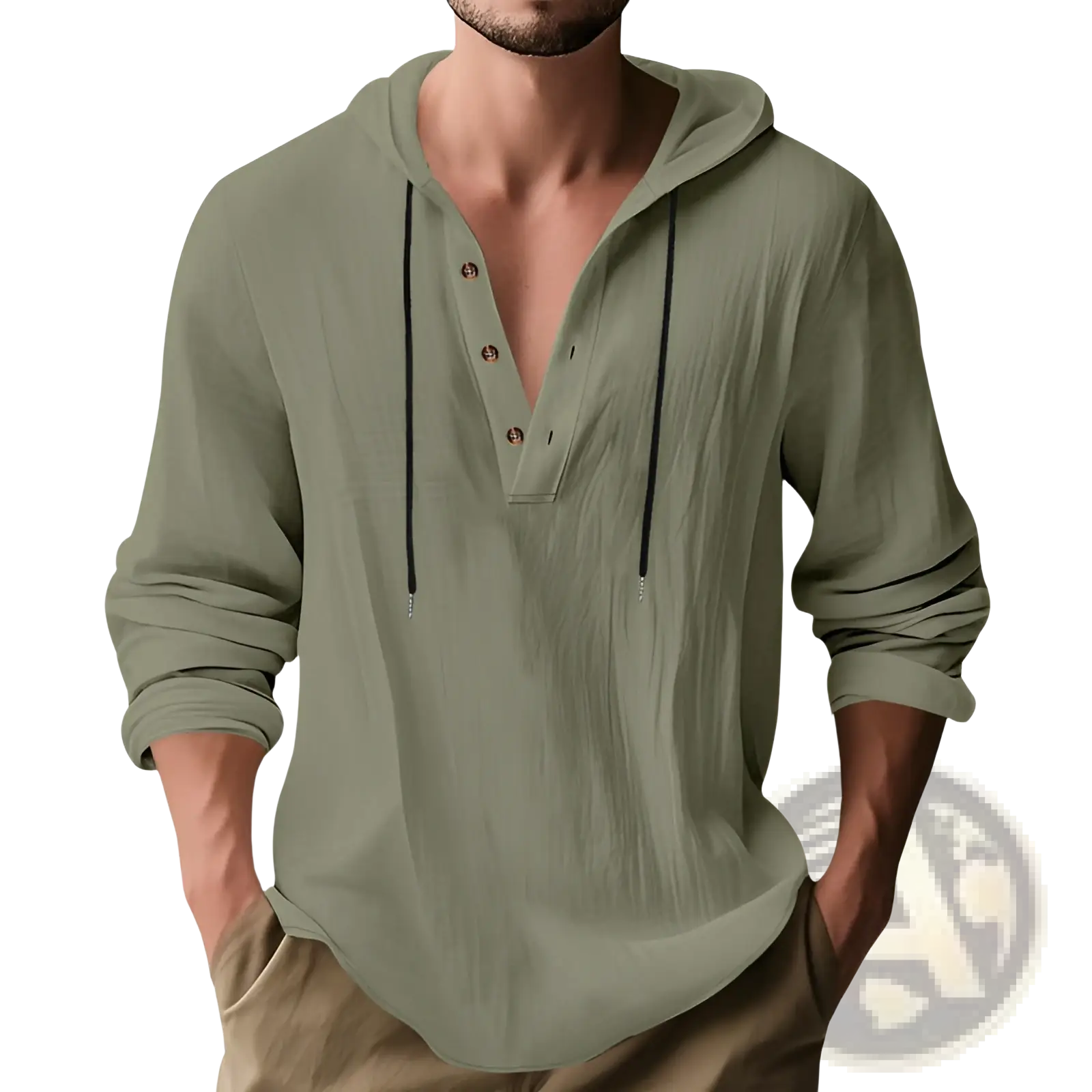 Men’s relaxed linen henley hoodie in olive green with button placket and black drawstring hood