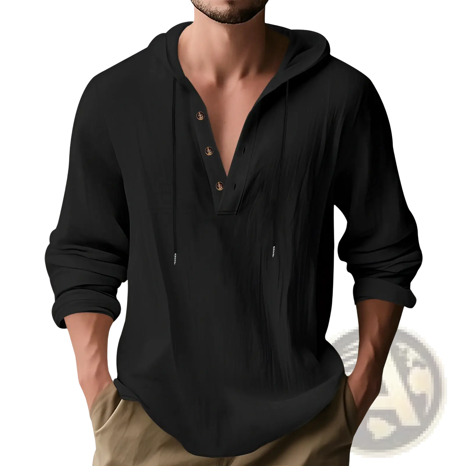Men’s black linen henley hoodie with gold anchor buttons and textured relaxed fabric for casual wear