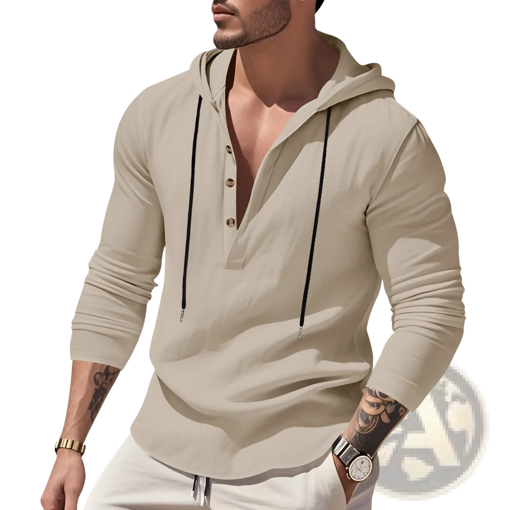 Men’s relaxed beige linen henley hoodie with long sleeves black drawstrings and gold buttoned placket