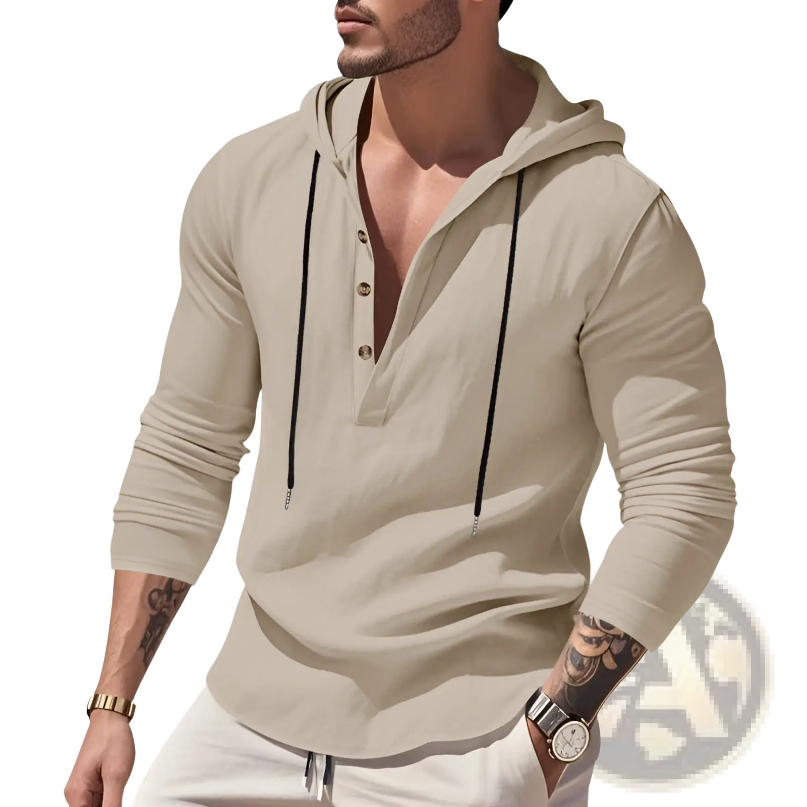 Men’s relaxed beige linen henley hoodie with long sleeves black drawstrings and gold buttoned placket