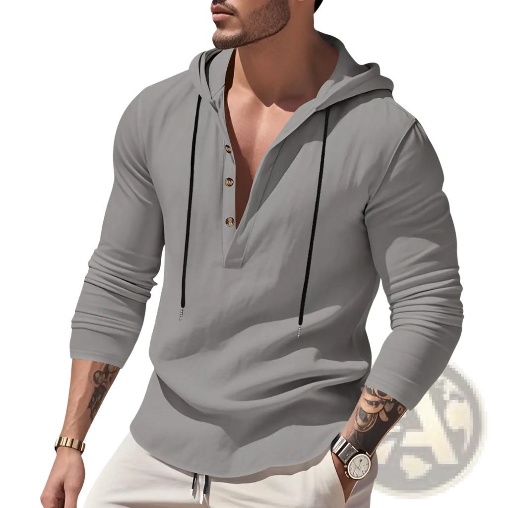 Men’s relaxed linen henley hoodie in gray with black drawstrings and gold buttoned placket long sleeves