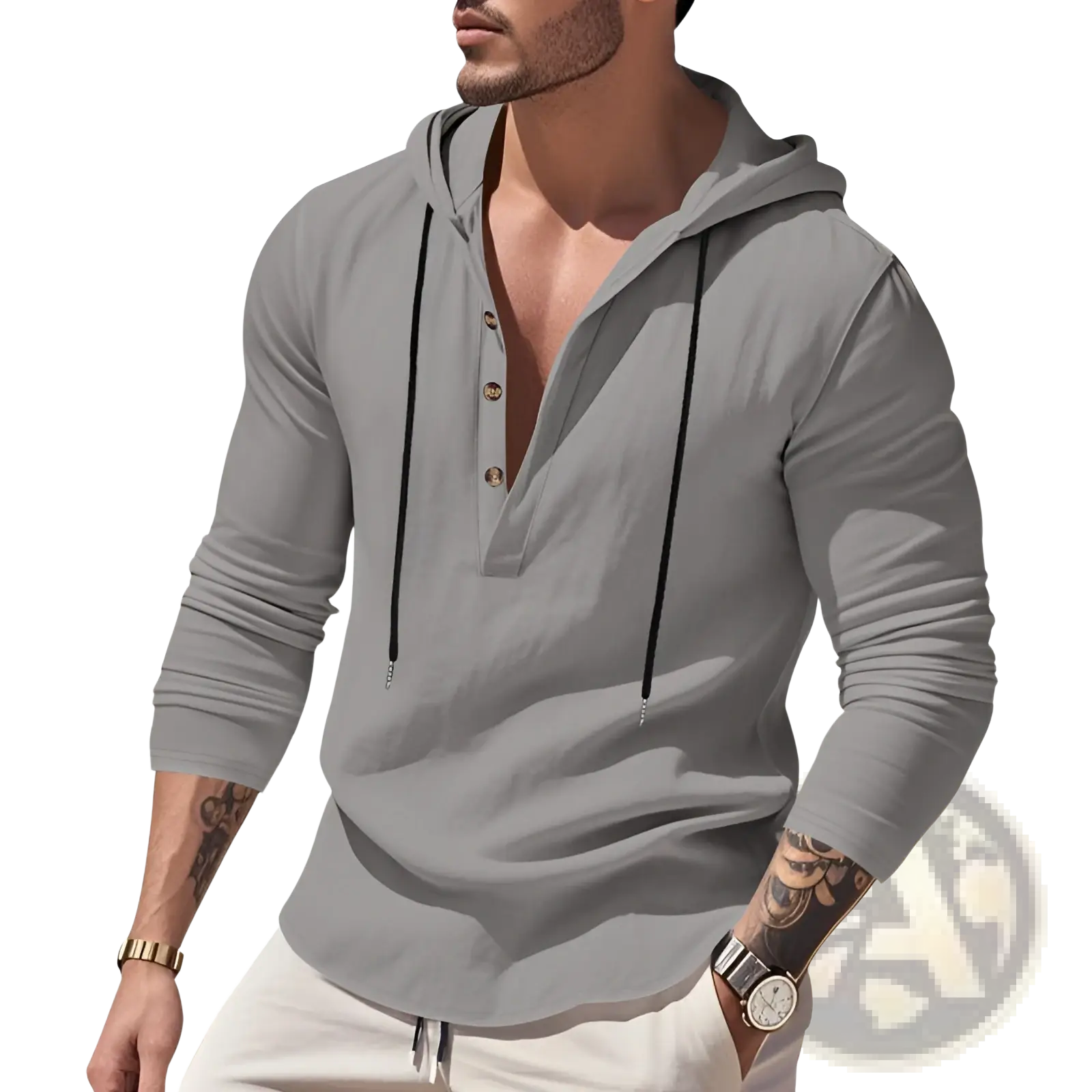 Men’s relaxed linen henley hoodie in gray with black drawstrings and gold buttoned placket long sleeves
