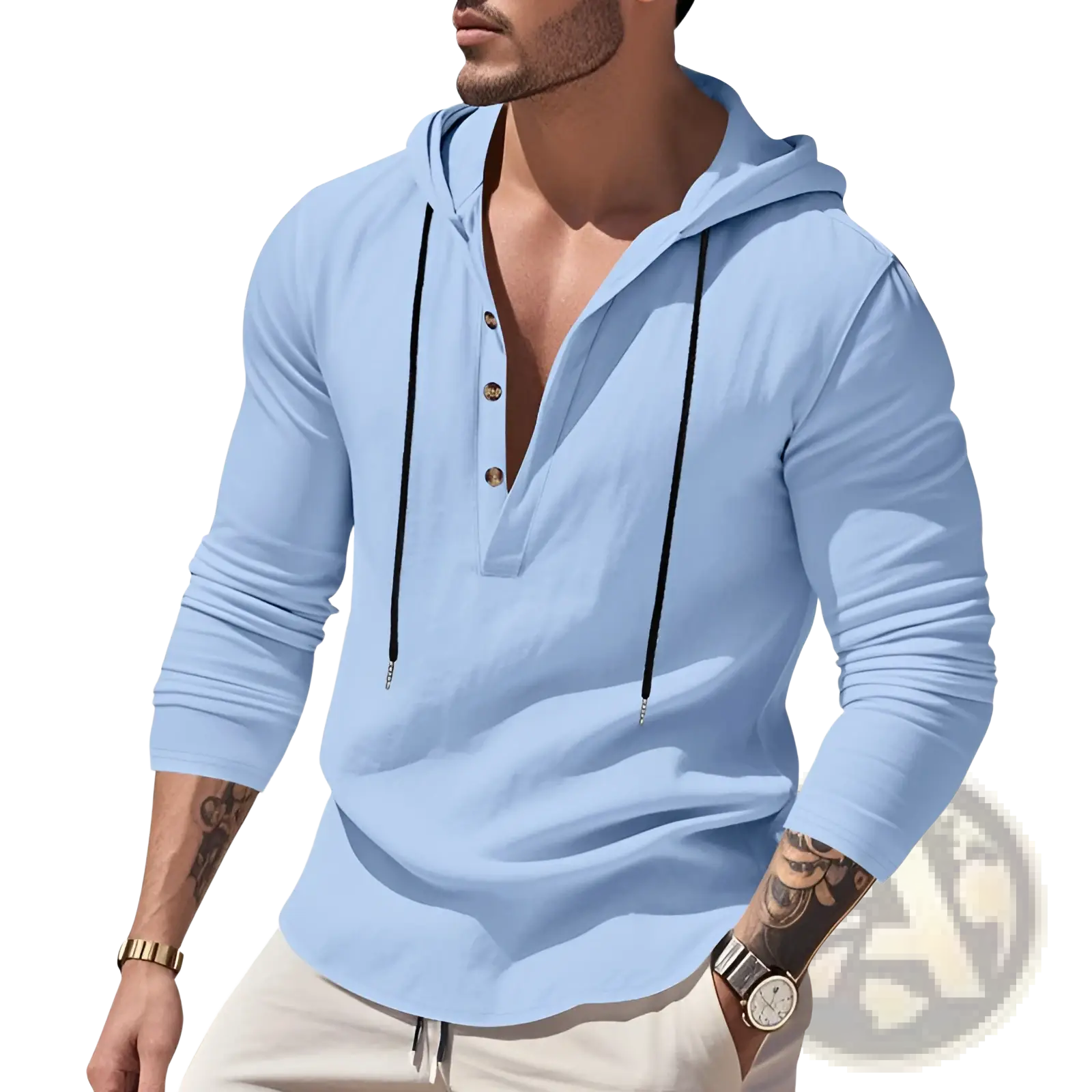 Light blue linen men’s relaxed henley hoodie with long sleeves black drawstrings and gold buttoned placket