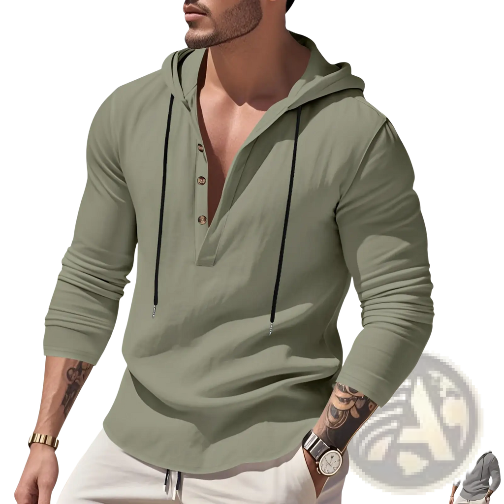Men’s relaxed olive green linen henley hoodie with long sleeves black drawstrings and buttoned placket with gold buttons