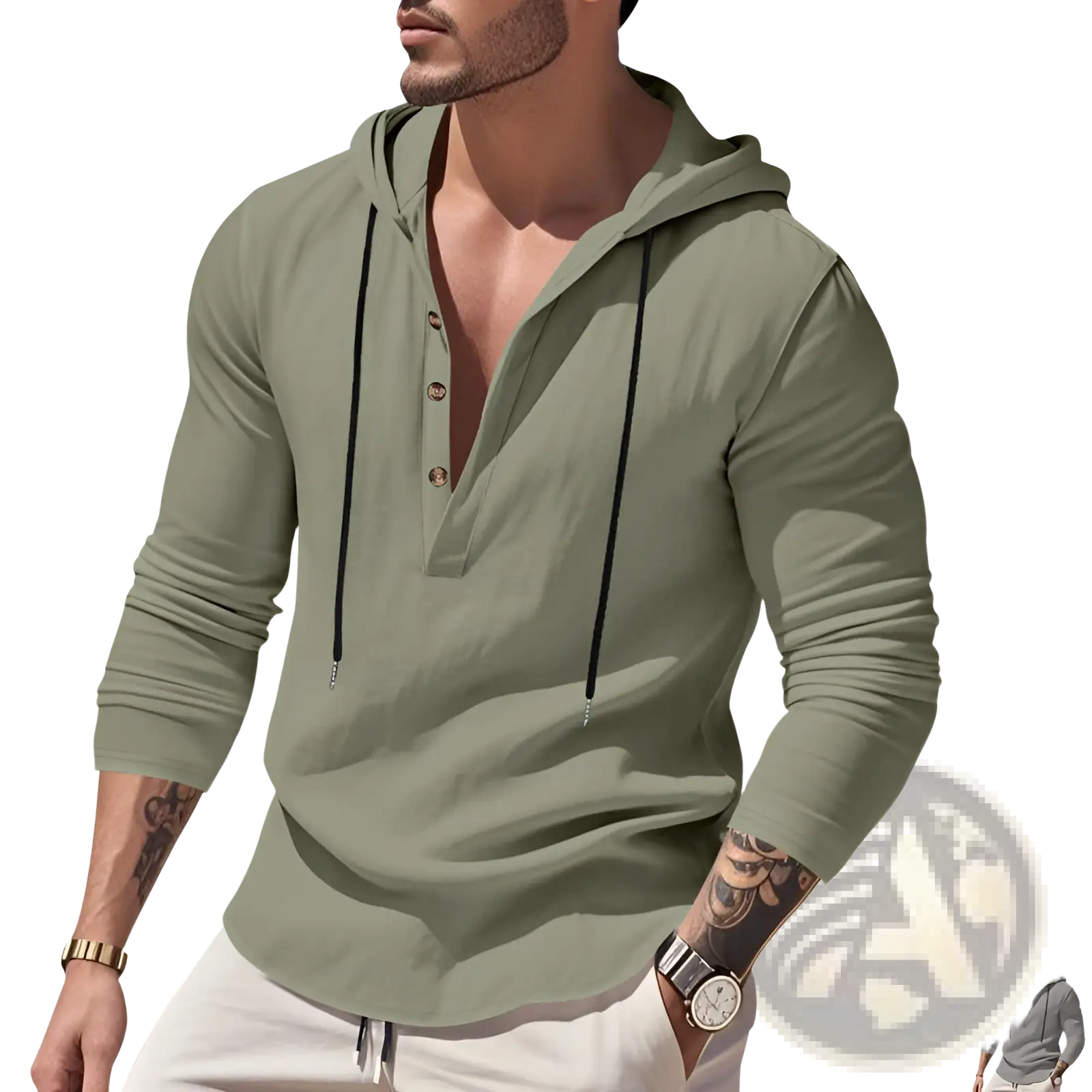 Men’s relaxed olive green linen henley hoodie with long sleeves black drawstrings and buttoned placket with gold buttons