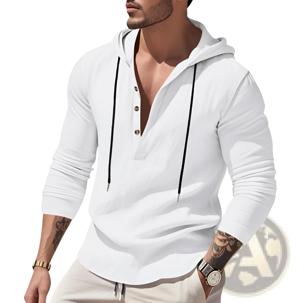 Men’s relaxed linen henley hoodie in white with black drawstrings and gold button-front detail