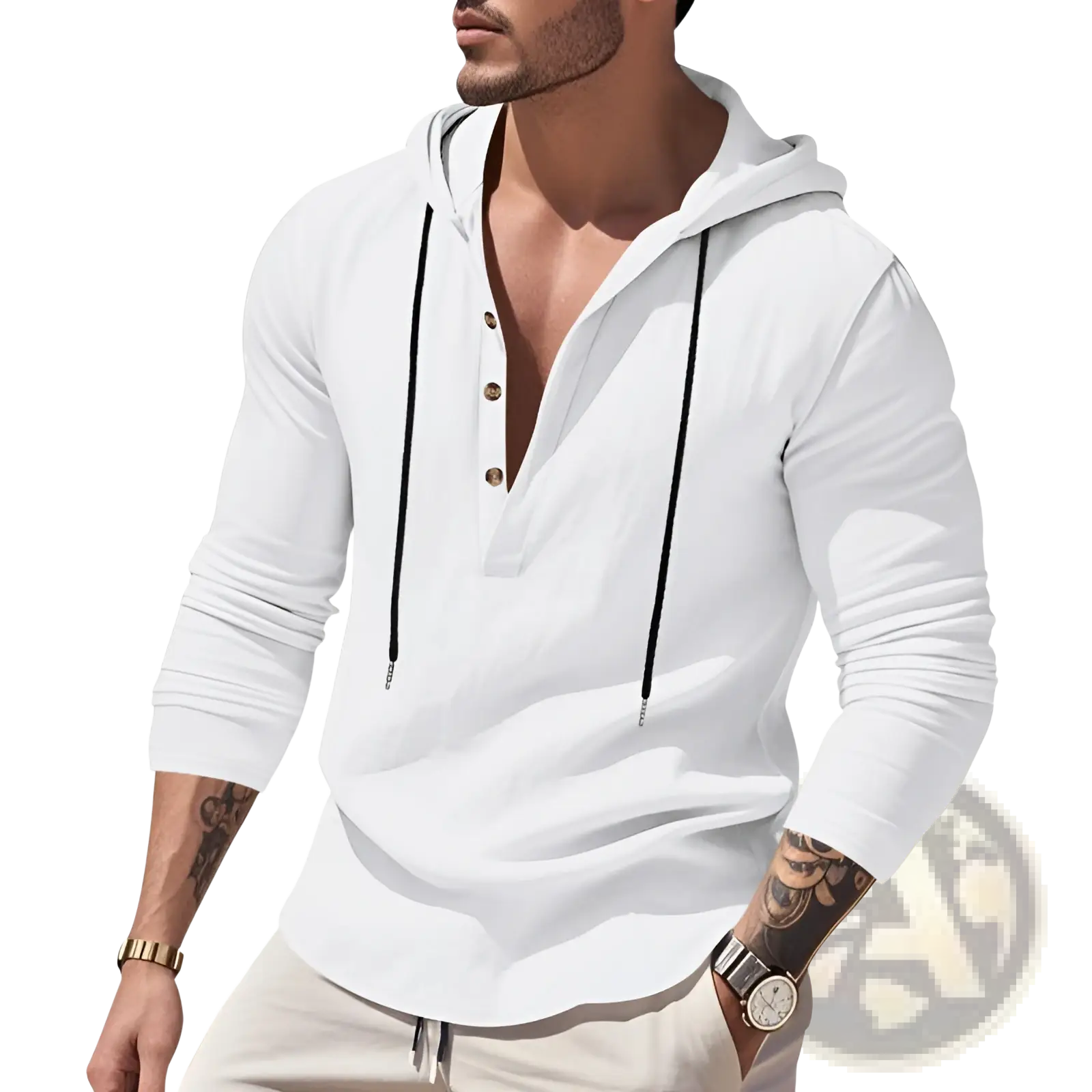 Men’s relaxed linen henley hoodie in white with black drawstrings and gold button-front detail