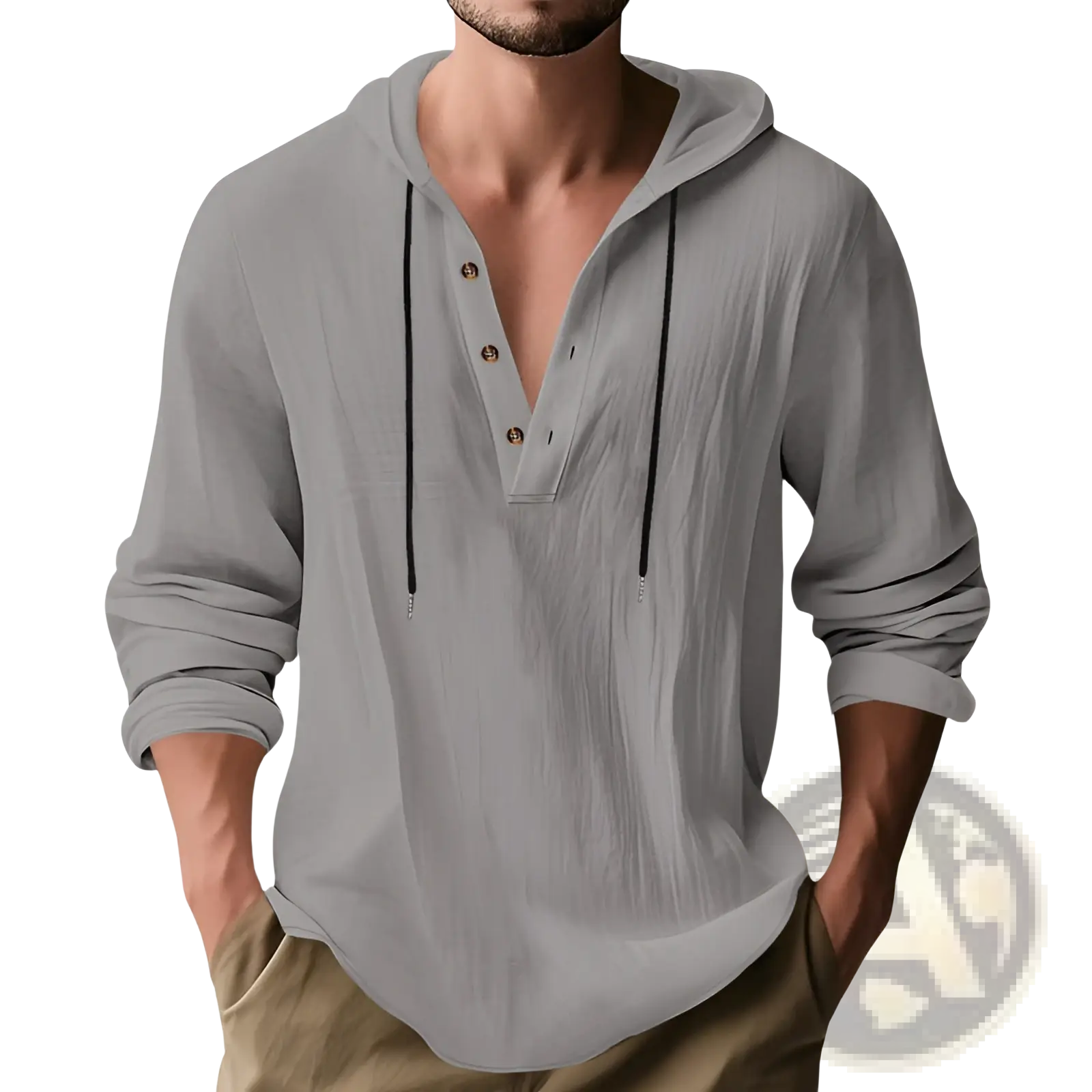 Men’s relaxed linen henley hoodie in gray with textured fabric black drawstrings and three brown buttons down the front