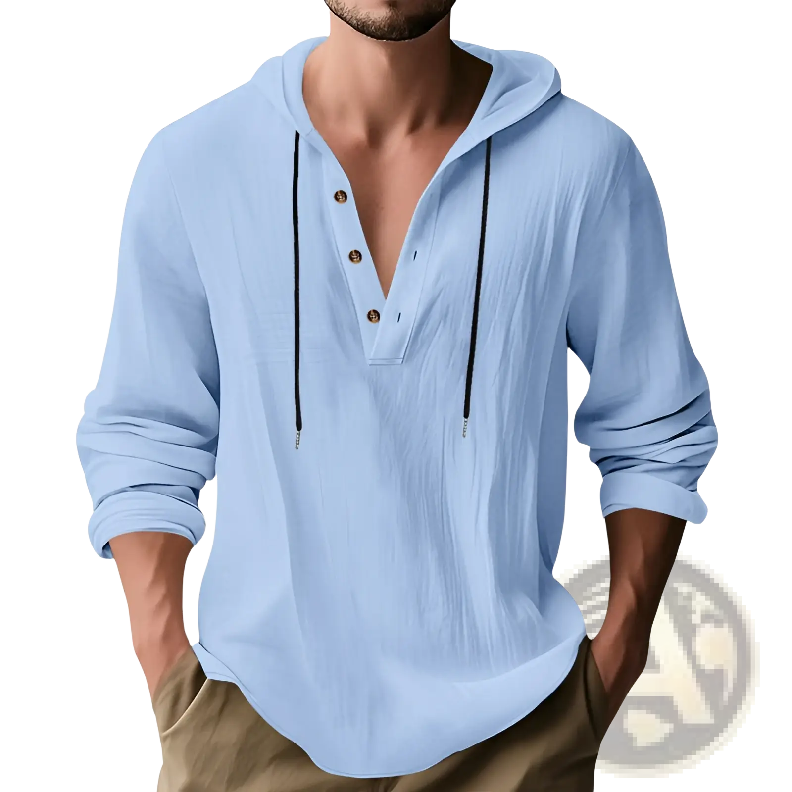Men’s relaxed light blue linen henley hoodie with black drawstrings and wooden buttons for casual wear