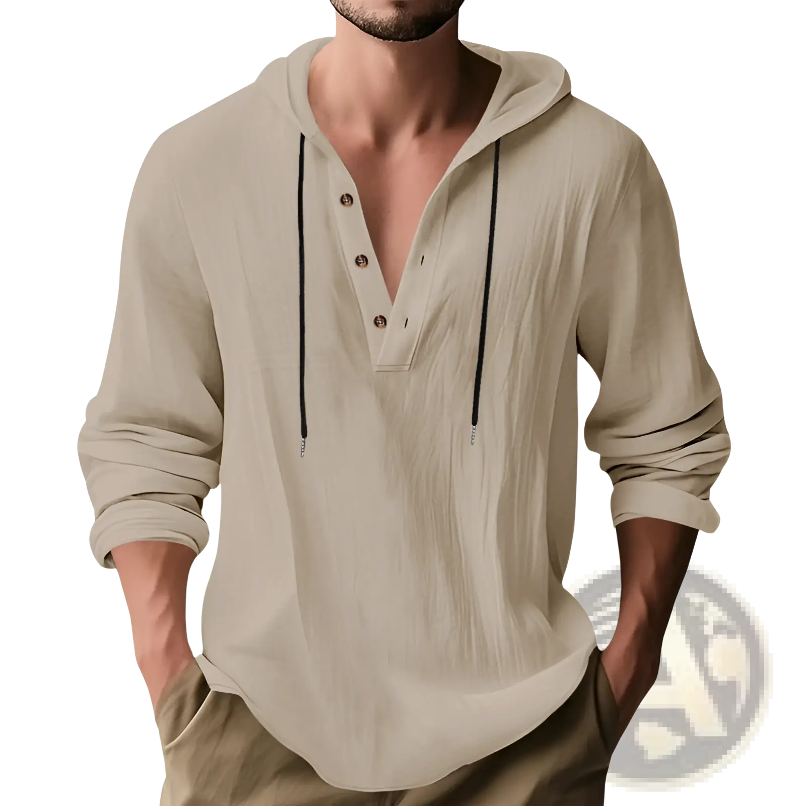 Beige long-sleeved relaxed linen henley hoodie with black drawstrings and gold button placket for men