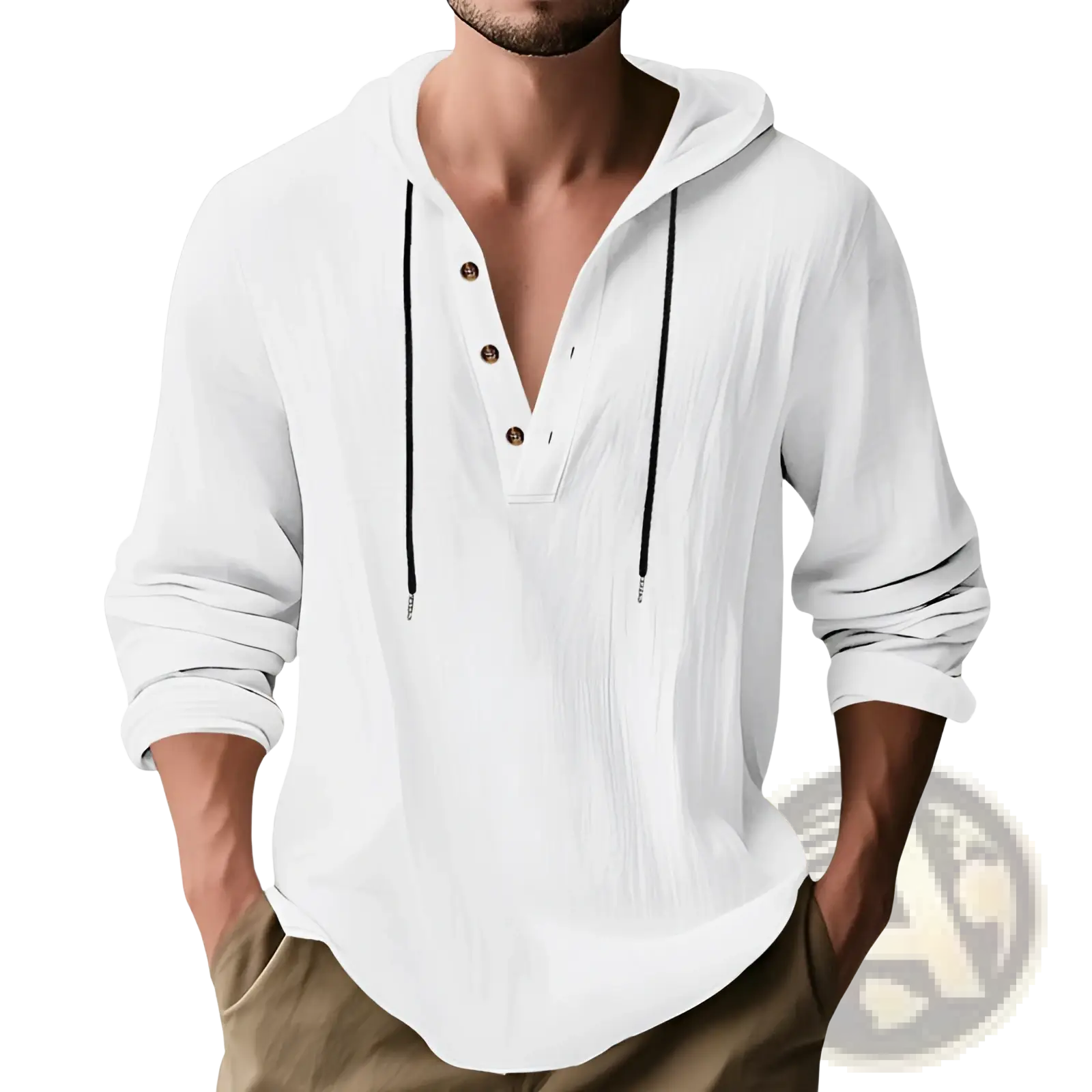 Men’s relaxed white linen henley hoodie with black drawstrings and brown buttons designed for casual wear
