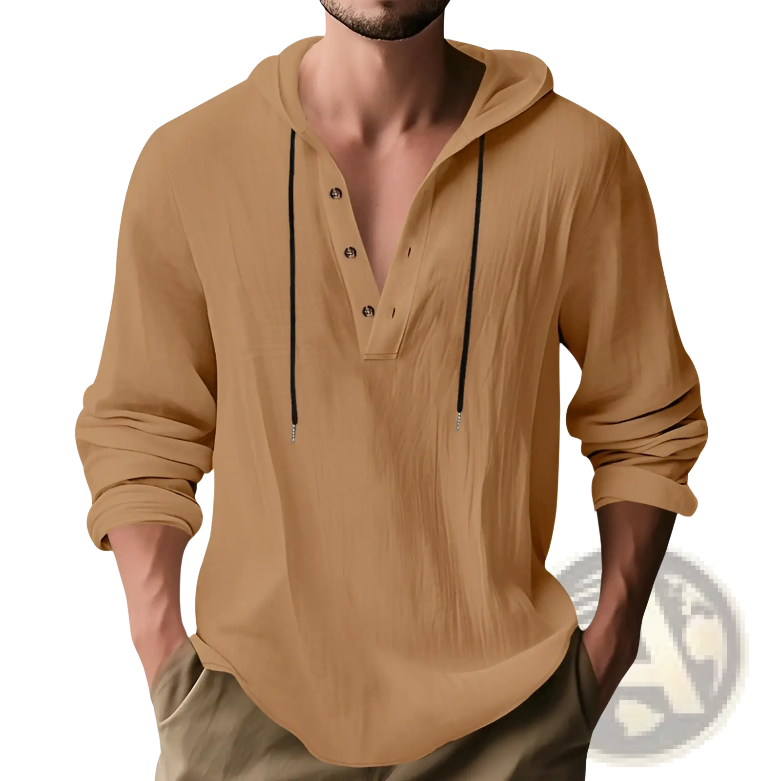 Men’s relaxed tan linen henley hoodie with black drawstrings and gold buttons featuring a button placket