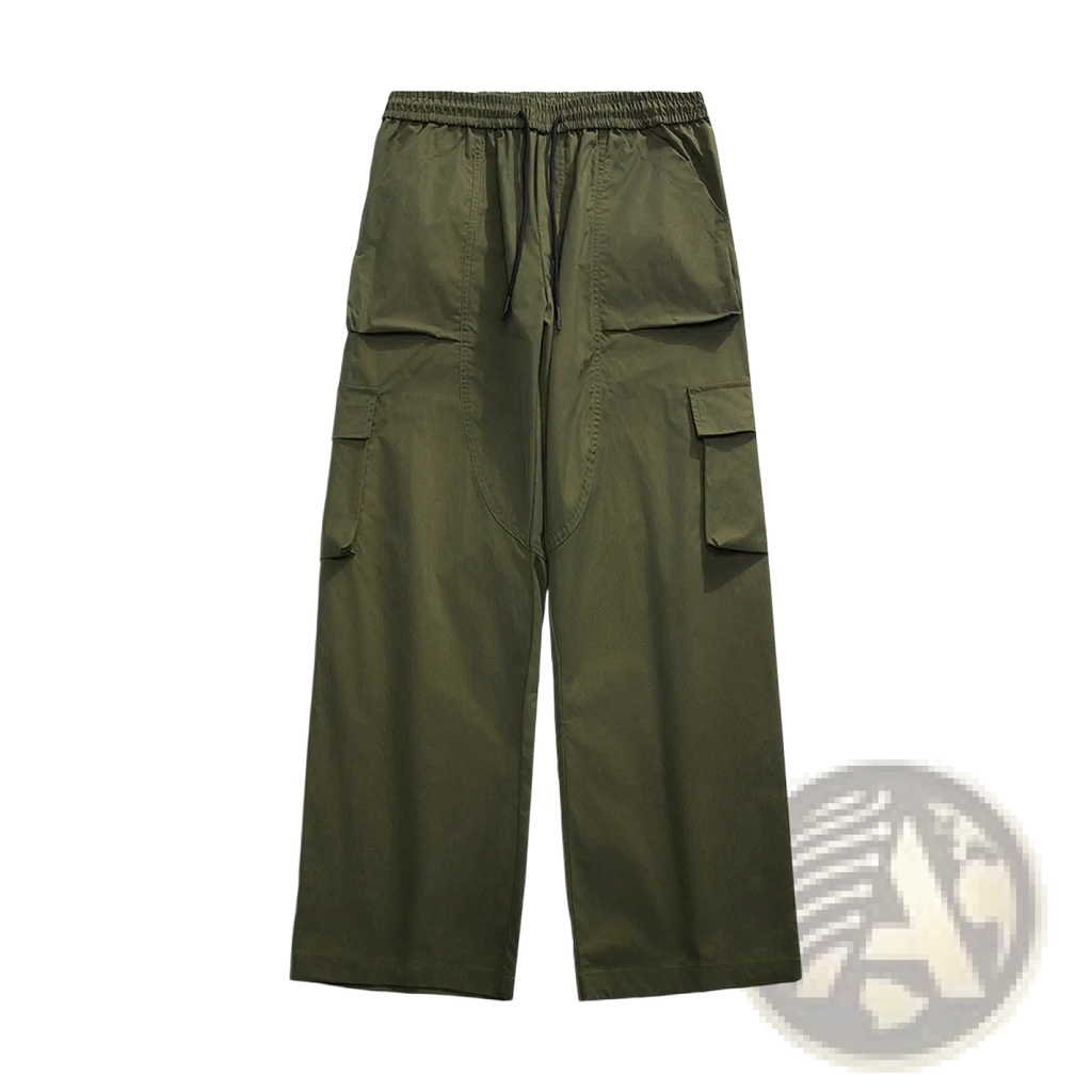 Men’s olive green relaxed straight leg cargo track pants with multiple pockets and elastic waistband for comfort