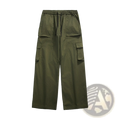 Men’s olive green relaxed straight leg cargo track pants with multiple pockets and elastic waistband for comfort