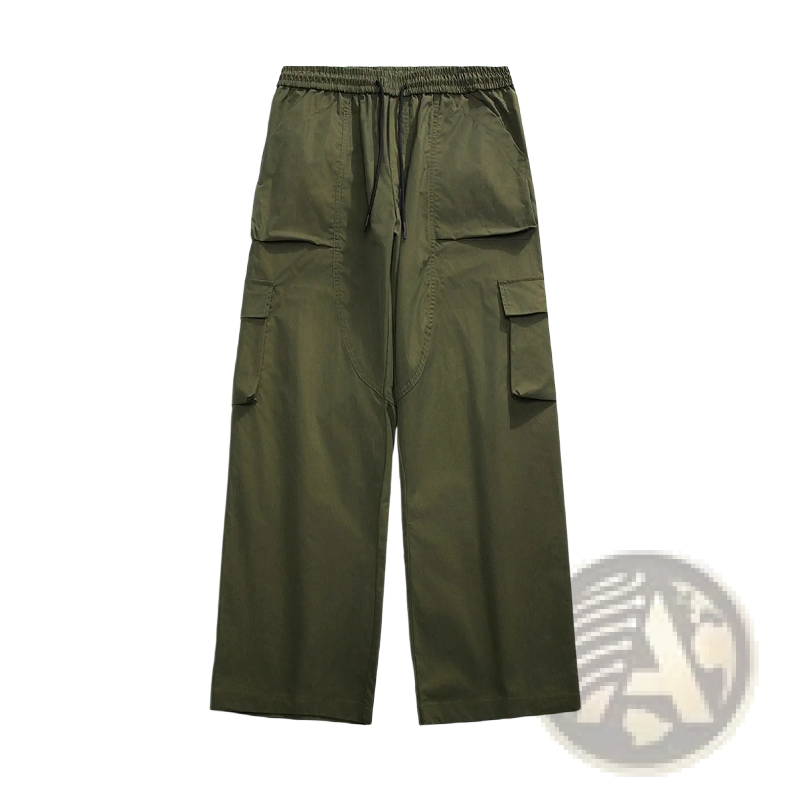 Men’s olive green relaxed straight leg cargo track pants with multiple pockets and elastic waistband for comfort