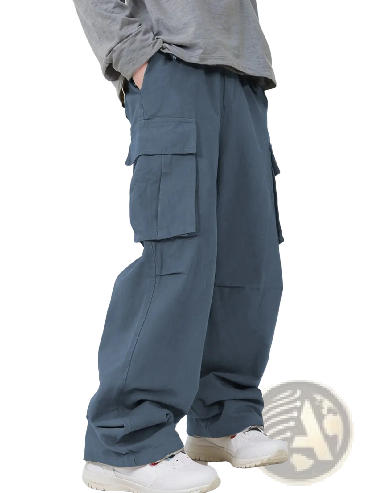 Men’s relaxed straight leg dark blue cargo track pants featuring multiple large pockets and a loose fit