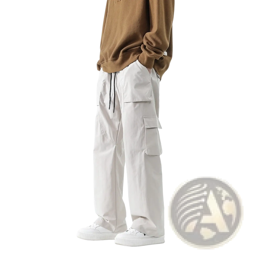 Men’s relaxed straight leg cargo track pants in beige with multiple pockets and black drawstrings for casual wear