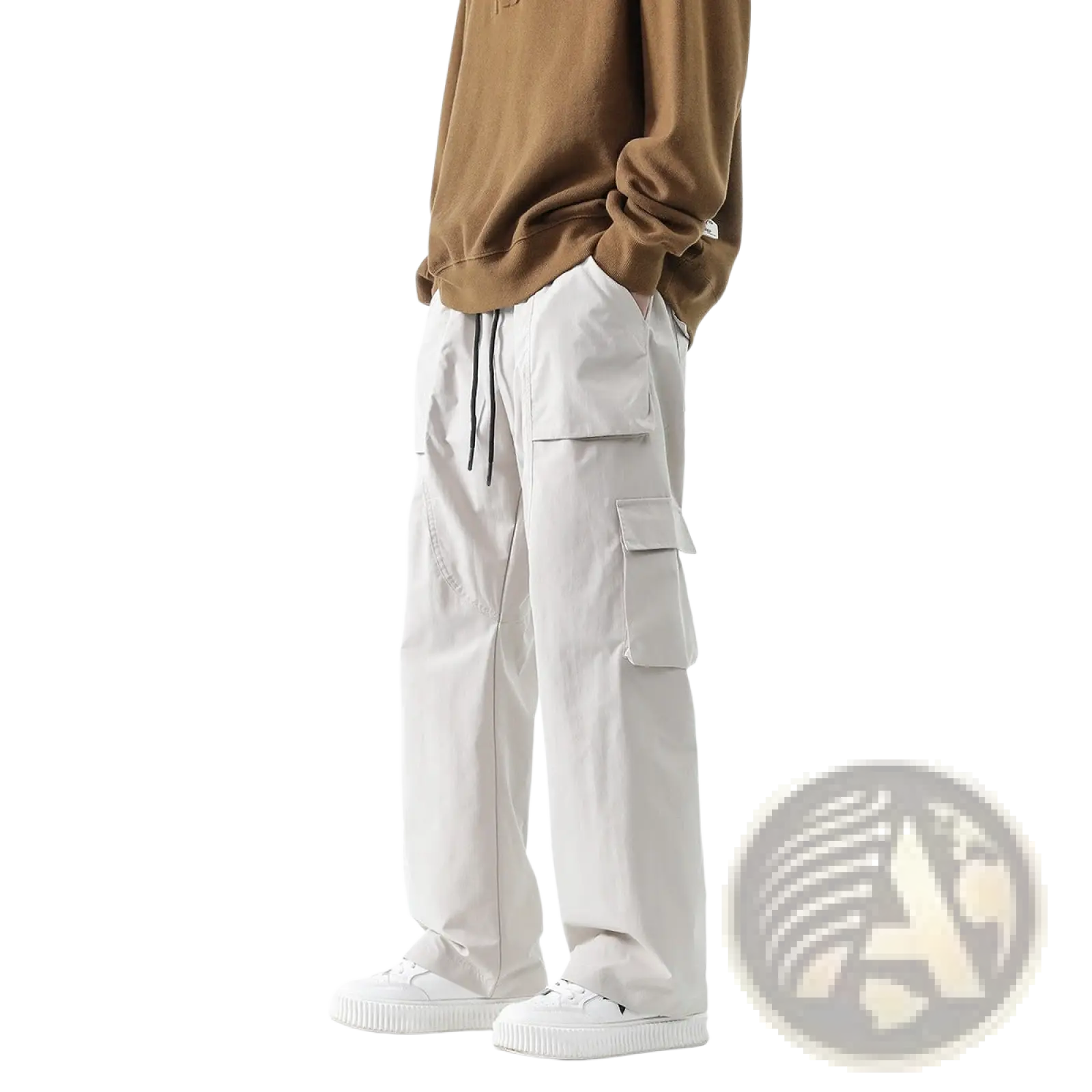 Men’s relaxed straight leg cargo track pants in beige with multiple pockets and black drawstrings for casual wear