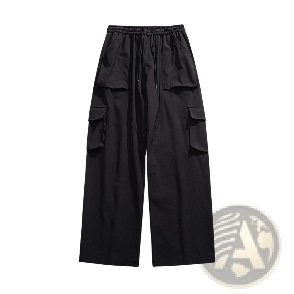 Men’s relaxed straight leg black cargo track pants with elastic waistband drawstring and multiple side pockets