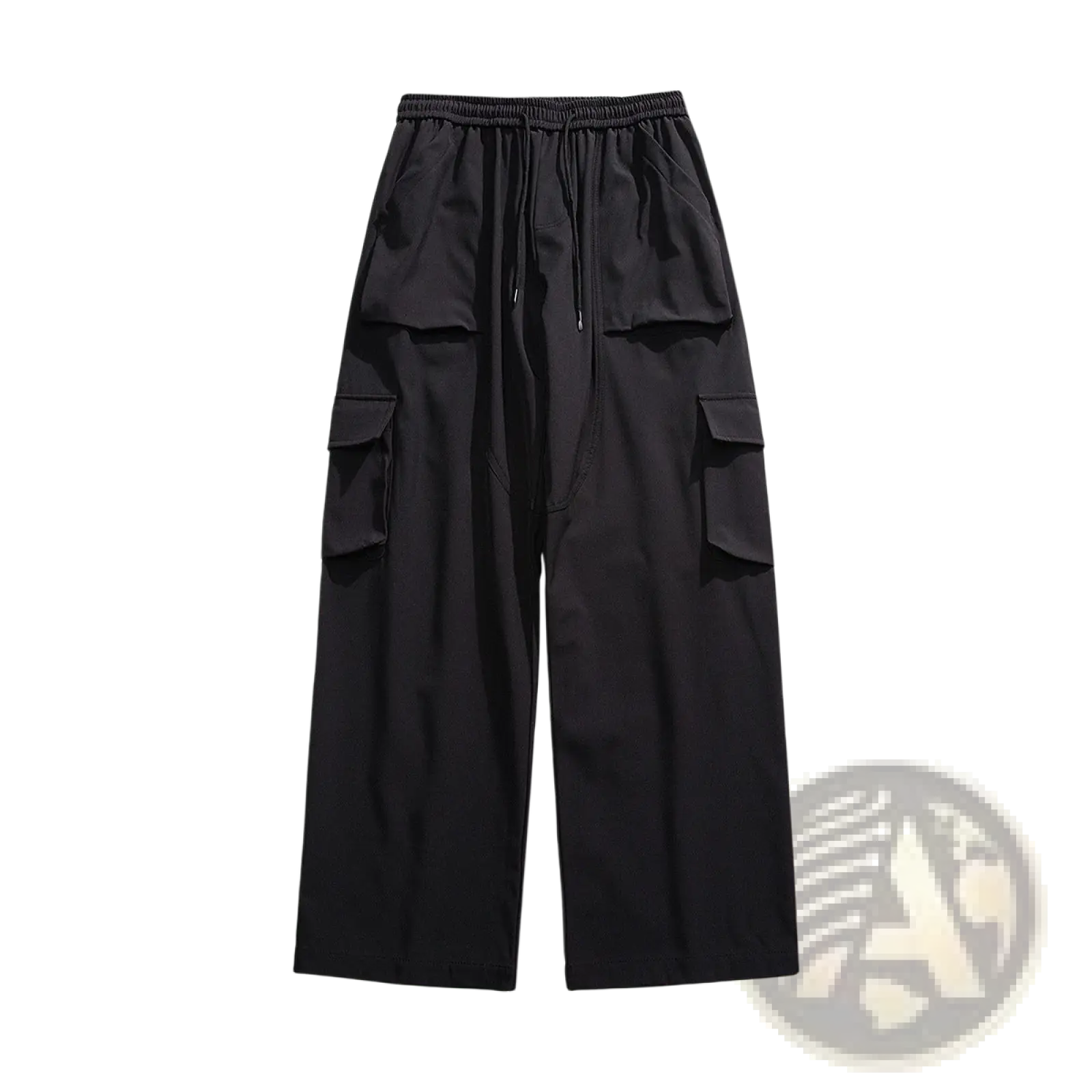 Men’s relaxed straight leg black cargo track pants with elastic waistband drawstring and multiple side pockets