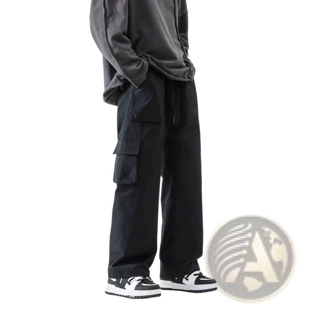 Men’s relaxed straight leg black cargo track pants with multiple large side pockets and a drawstring waistband