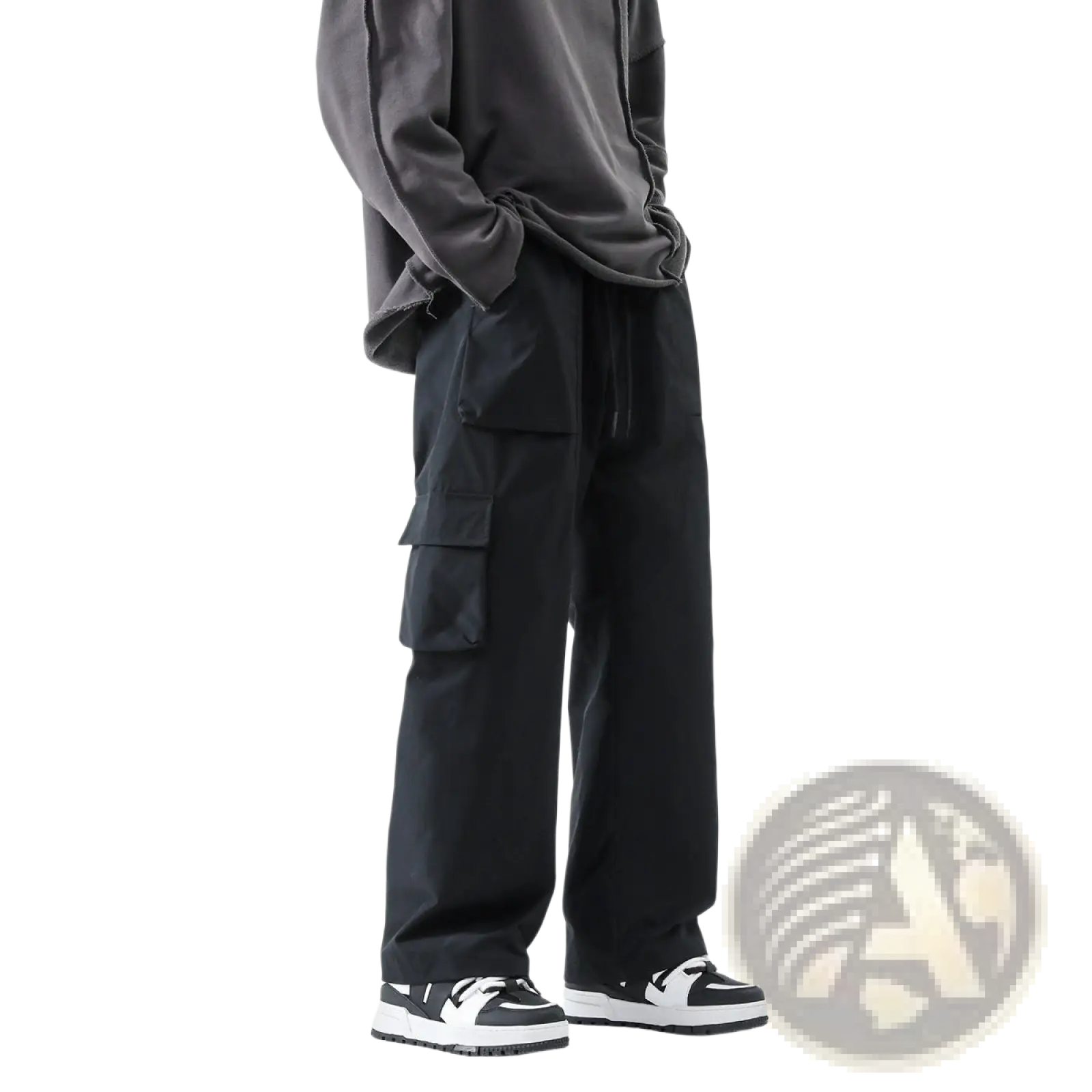 Men’s relaxed straight leg black cargo track pants with multiple large side pockets and a drawstring waistband