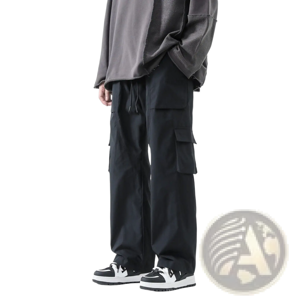 Men’s relaxed straight leg cargo track pants in black with multiple pockets and a drawstring waist for comfort