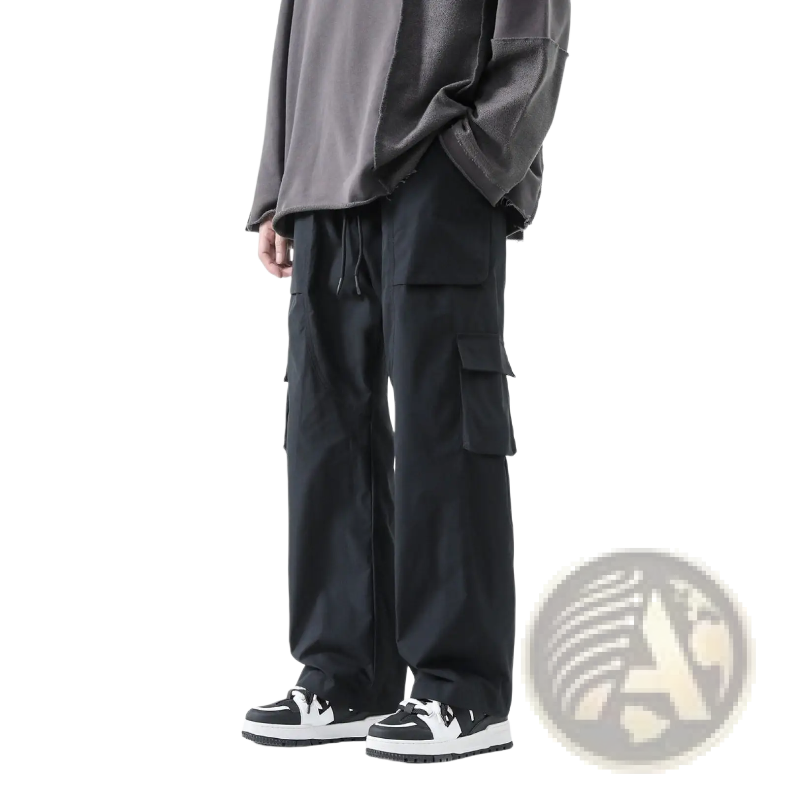 Men’s relaxed straight leg cargo track pants in black with multiple pockets and a drawstring waist for comfort