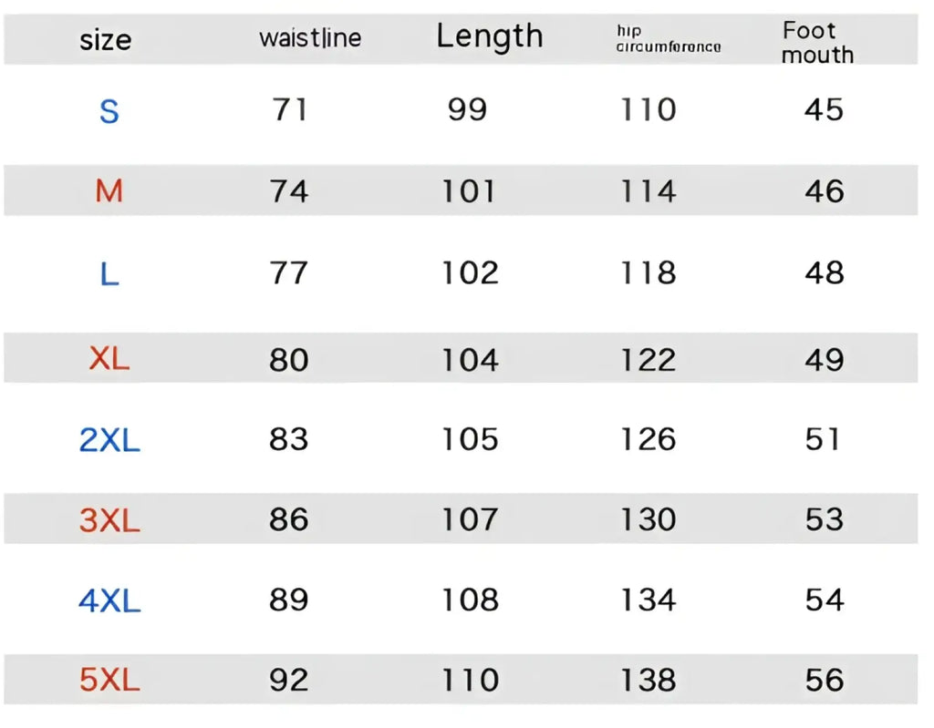Men’s relaxed straight leg cargo track pants size chart showing measurements in inches from s to 5xl
