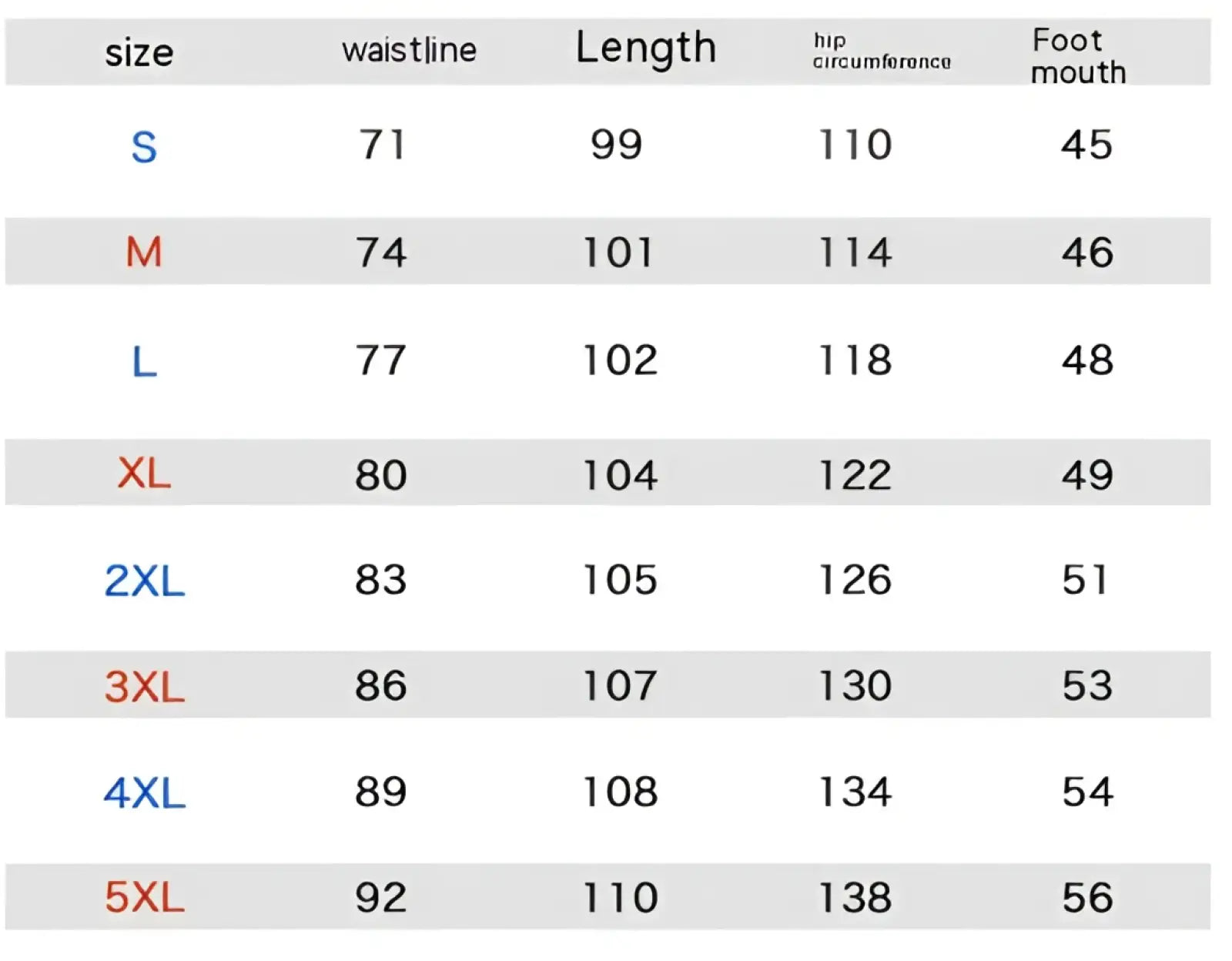 Men’s relaxed straight leg cargo track pants size chart showing measurements in inches from s to 5xl