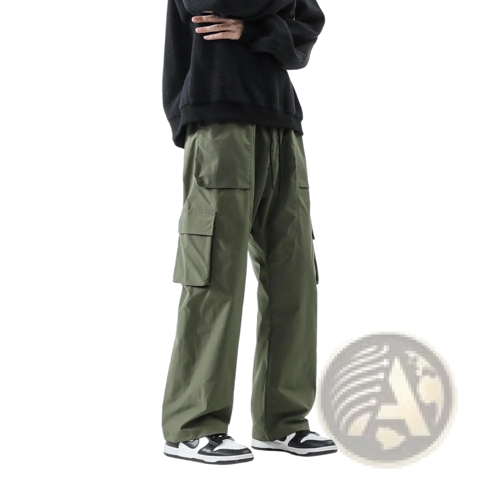 Men’s olive green relaxed straight leg cargo track pants with multiple side pockets and durable fabric