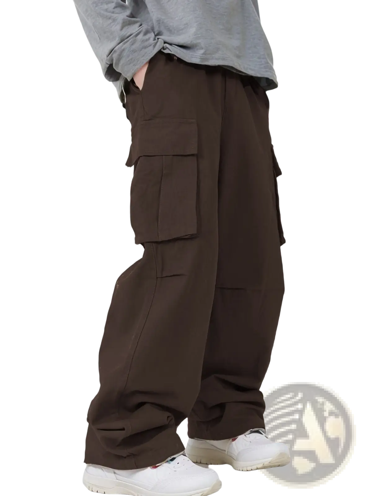 Men’s relaxed straight leg brown cargo track pants with multiple large flap pockets and a tapered fit