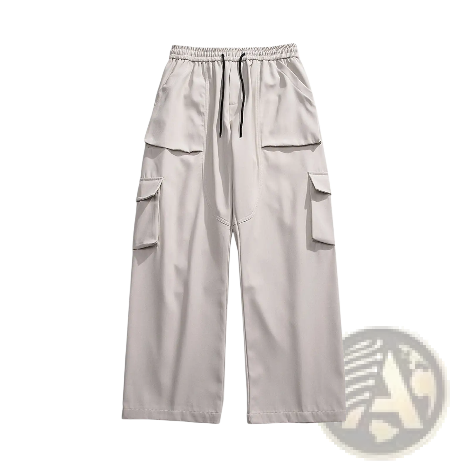 Men’s relaxed straight leg light gray cargo track pants with drawstring waist and multiple pockets for casual wear