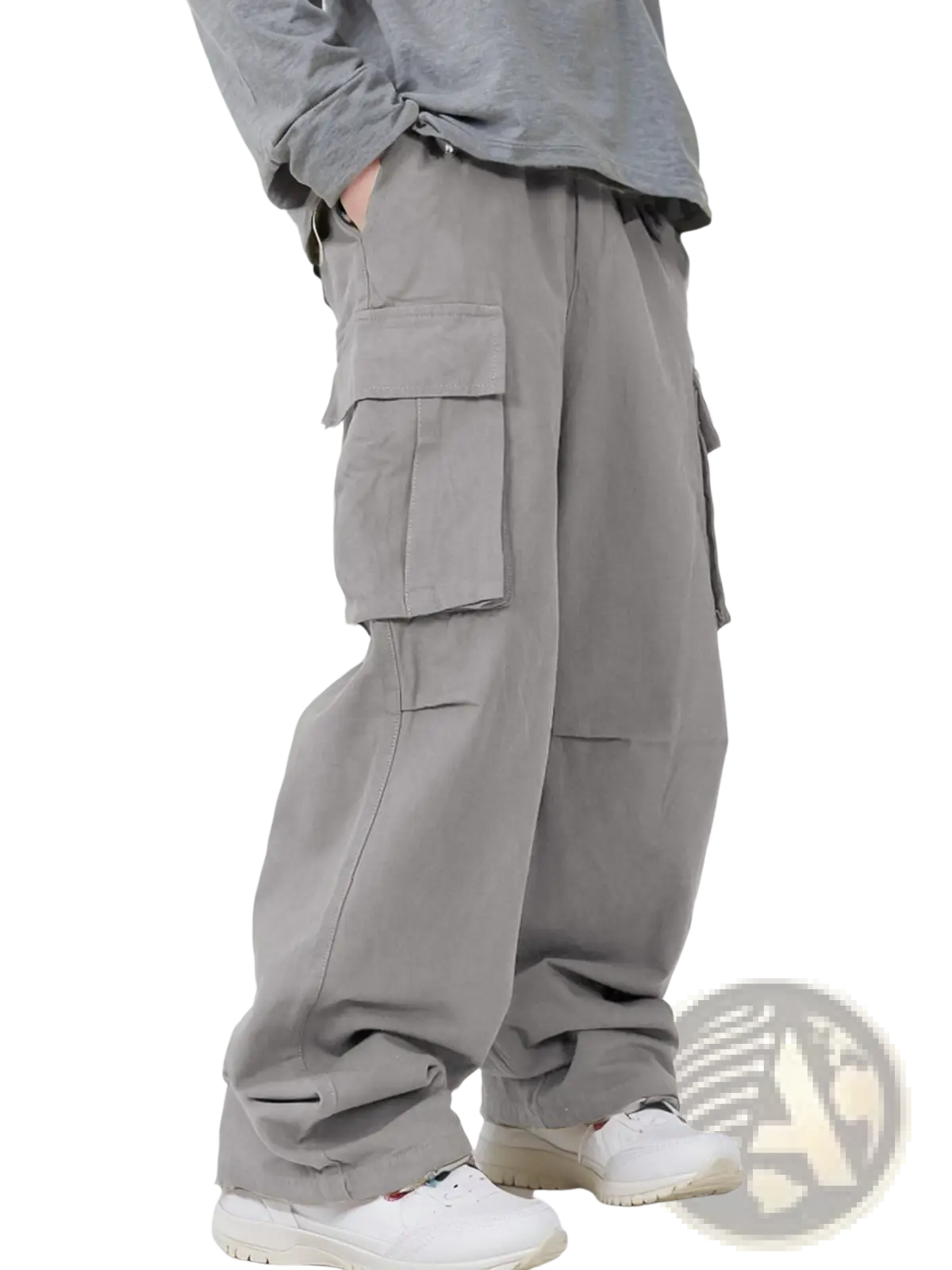Men’s relaxed straight leg gray cargo track pants with multiple large pockets and a loose fit for casual wear