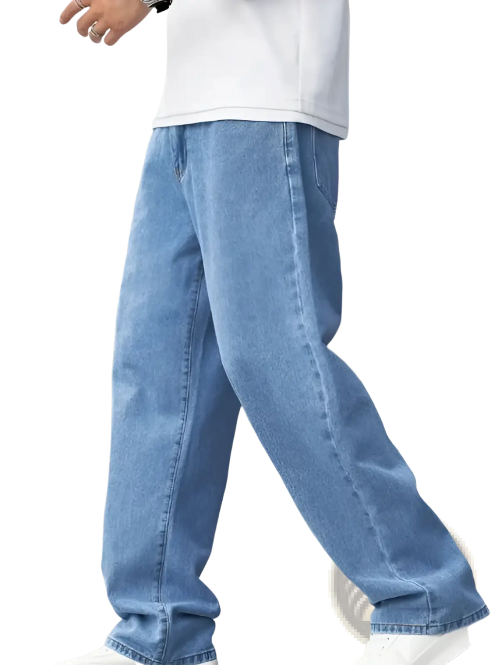Men’s relaxed straight leg light wash denim jeans made of blue denim with a comfortable straight cut