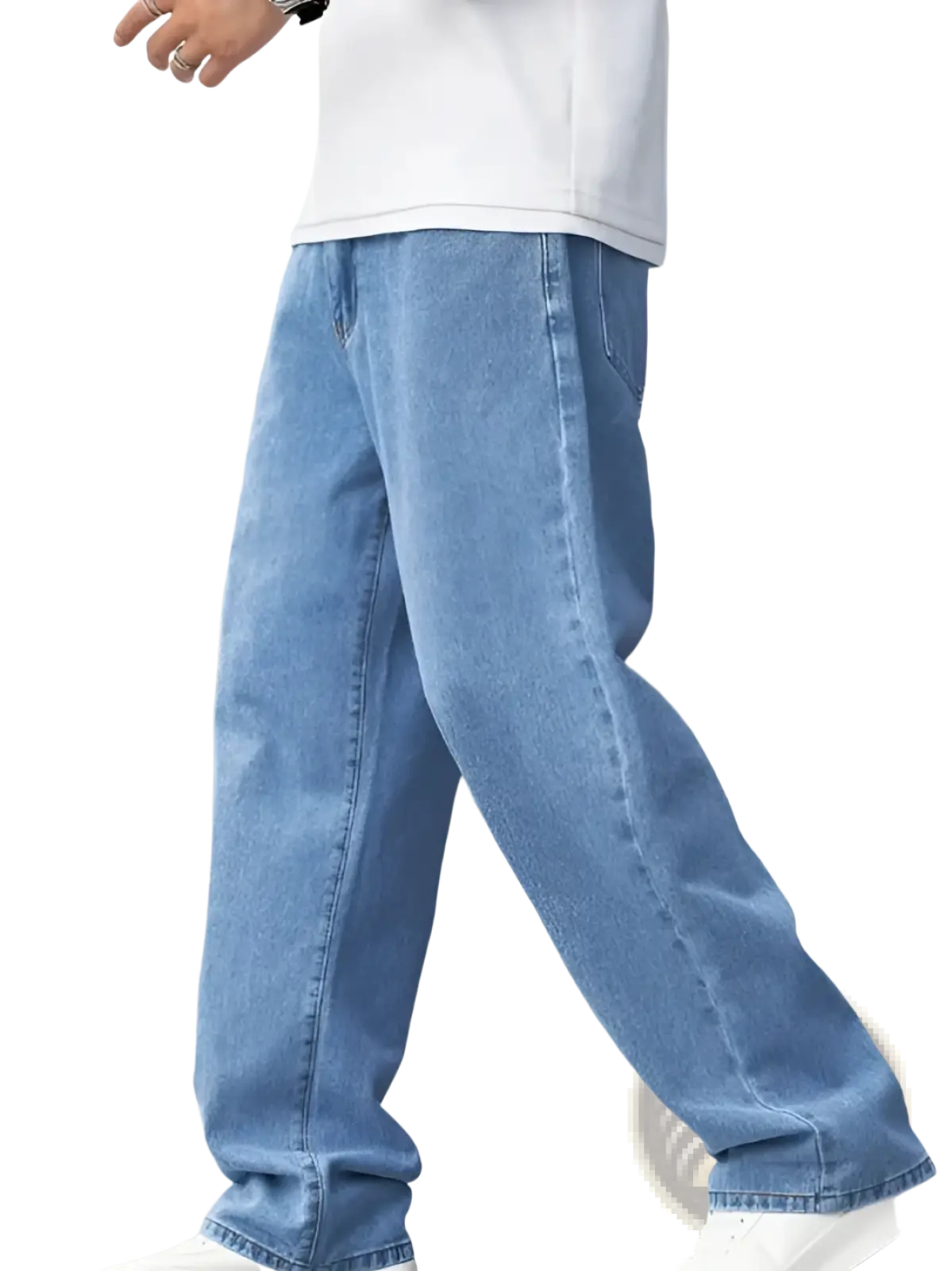 Men’s relaxed straight leg light wash denim jeans made of blue denim with a comfortable straight cut