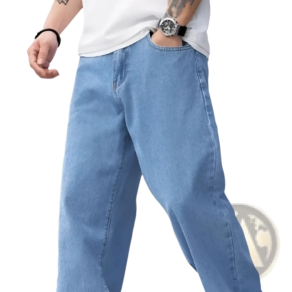 Men’s relaxed straight leg light wash denim jeans in light-wash blue with a relaxed wide-leg cut made of denim