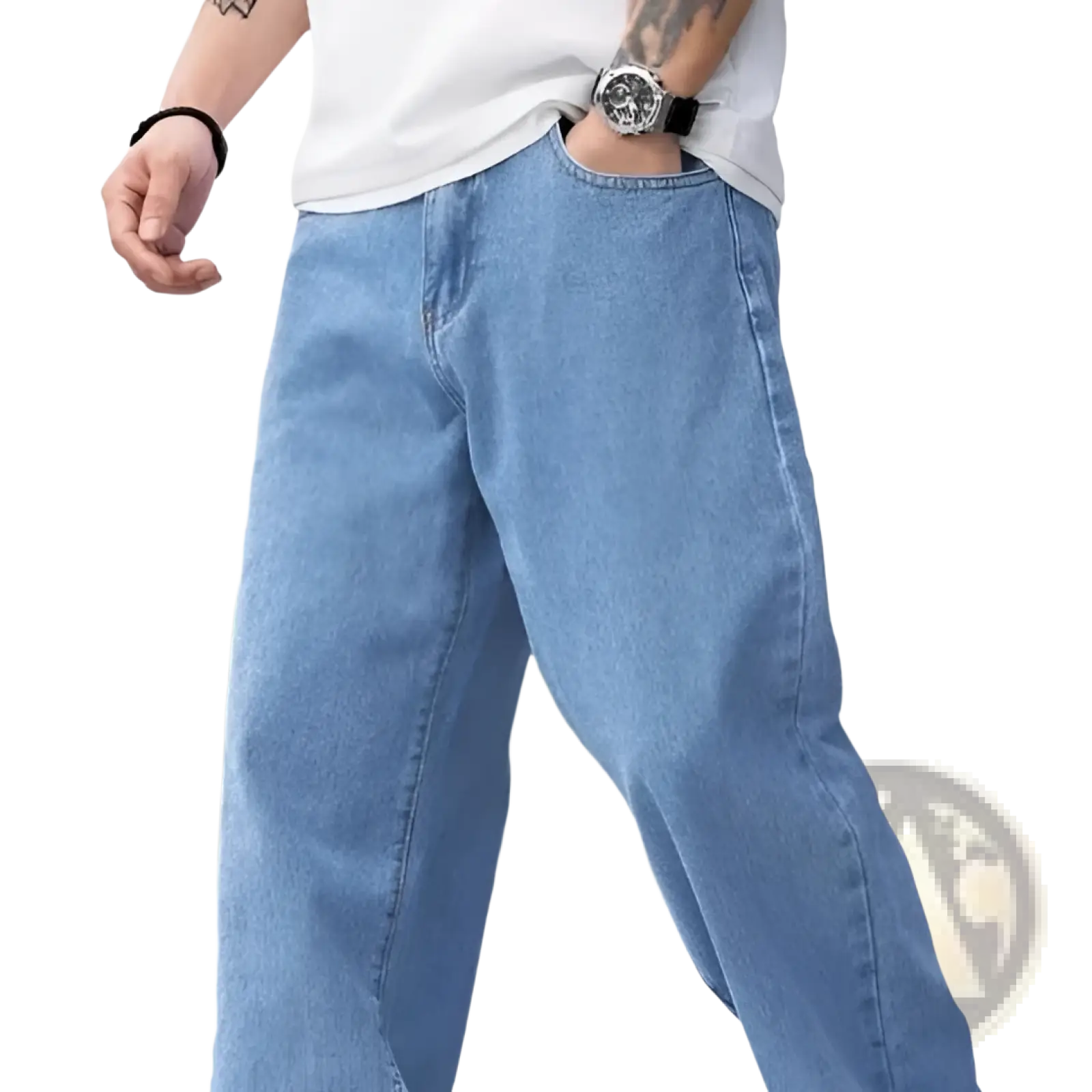Men’s relaxed straight leg light wash denim jeans in light-wash blue with a relaxed wide-leg cut made of denim