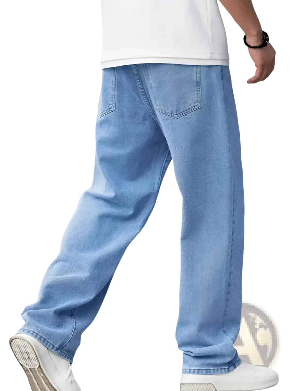 Men’s relaxed straight leg light wash denim jeans in light-wash blue with a relaxed, straight-leg cut