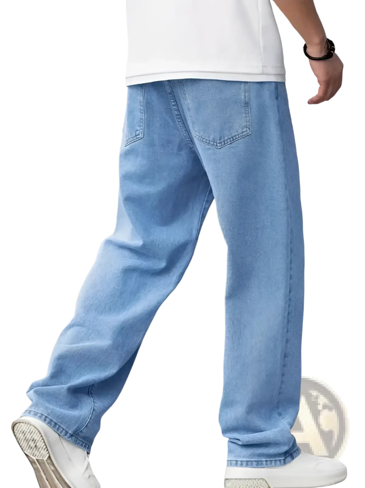 Men’s relaxed straight leg light wash denim jeans in light-wash blue with a relaxed, straight-leg cut
