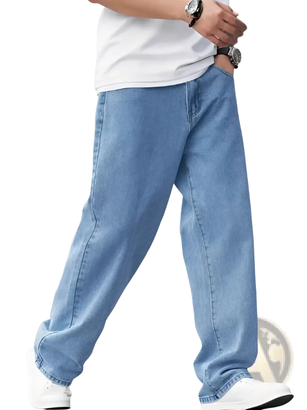 Men’s relaxed straight leg light wash denim jeans in light-wash blue with a wide-leg cut and casual fit