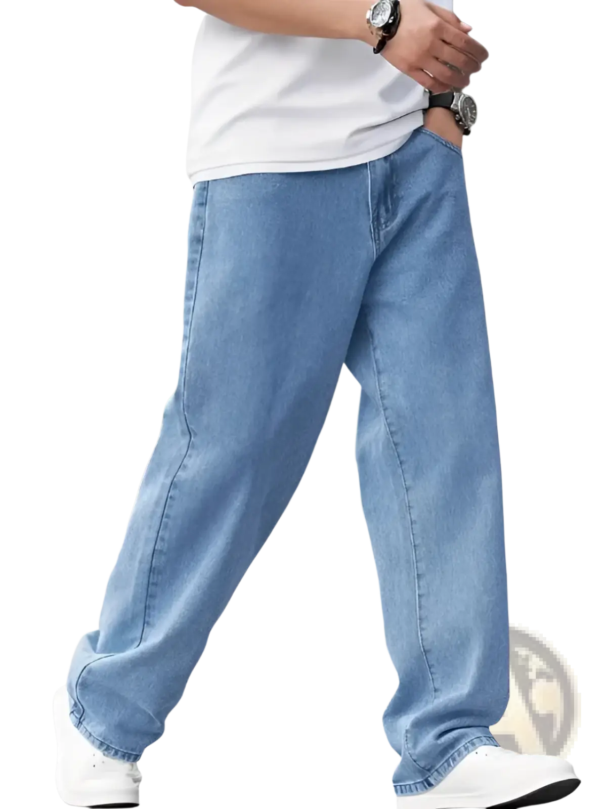 Men’s relaxed straight leg light wash denim jeans in light-wash blue with a wide-leg cut and casual fit