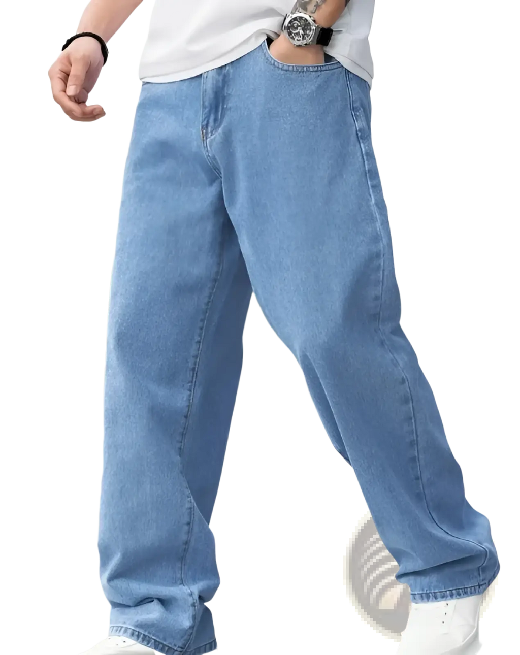Men’s relaxed straight leg light wash denim jeans in light-wash blue with a relaxed, straight-leg cut