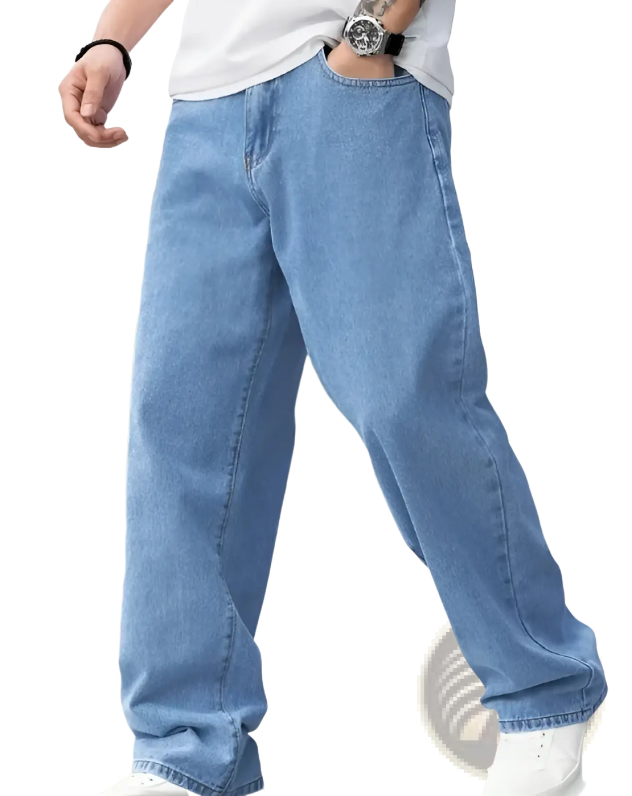 Men’s relaxed straight leg light wash denim jeans in light-wash blue with a relaxed, straight-leg cut