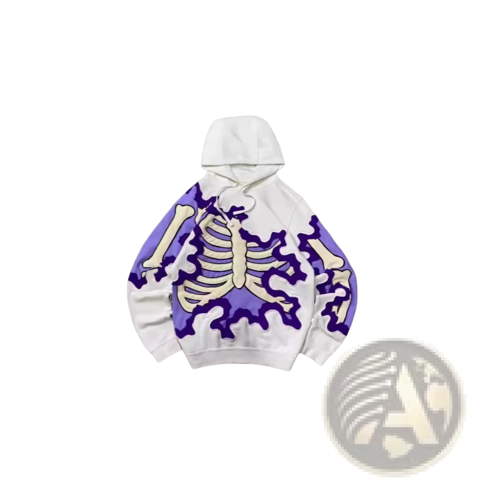 Men’s retro 3d graphic print oversized white hoodie with bold purple and cream skeleton design on front