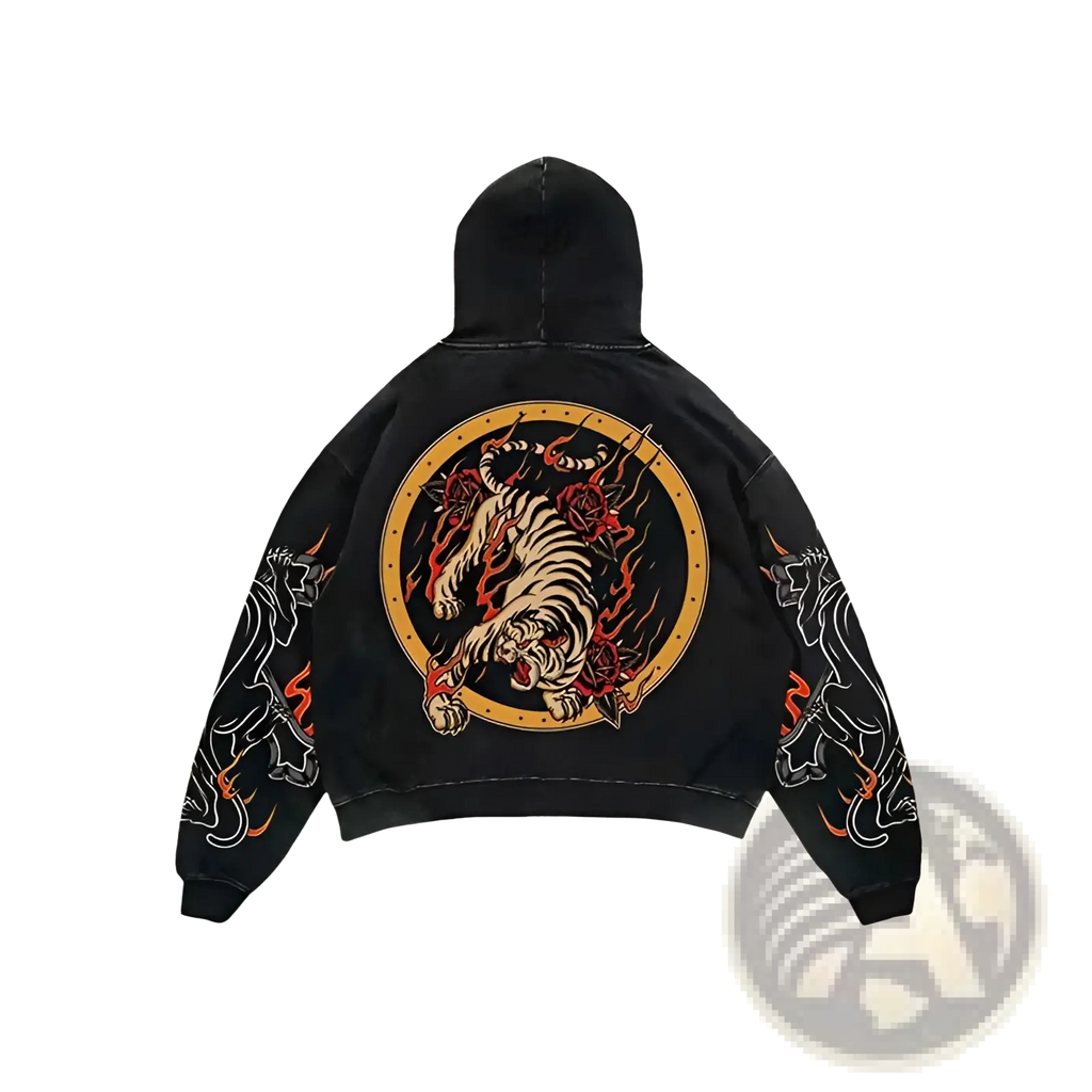 Men’s retro 3d graphic print oversized streetwear hoodie in black with bold tiger, flames, roses, and dragon sleeve motifs