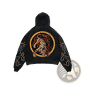 Men’s retro 3d graphic print oversized streetwear hoodie in black with bold tiger, flames, roses, and dragon sleeve motifs