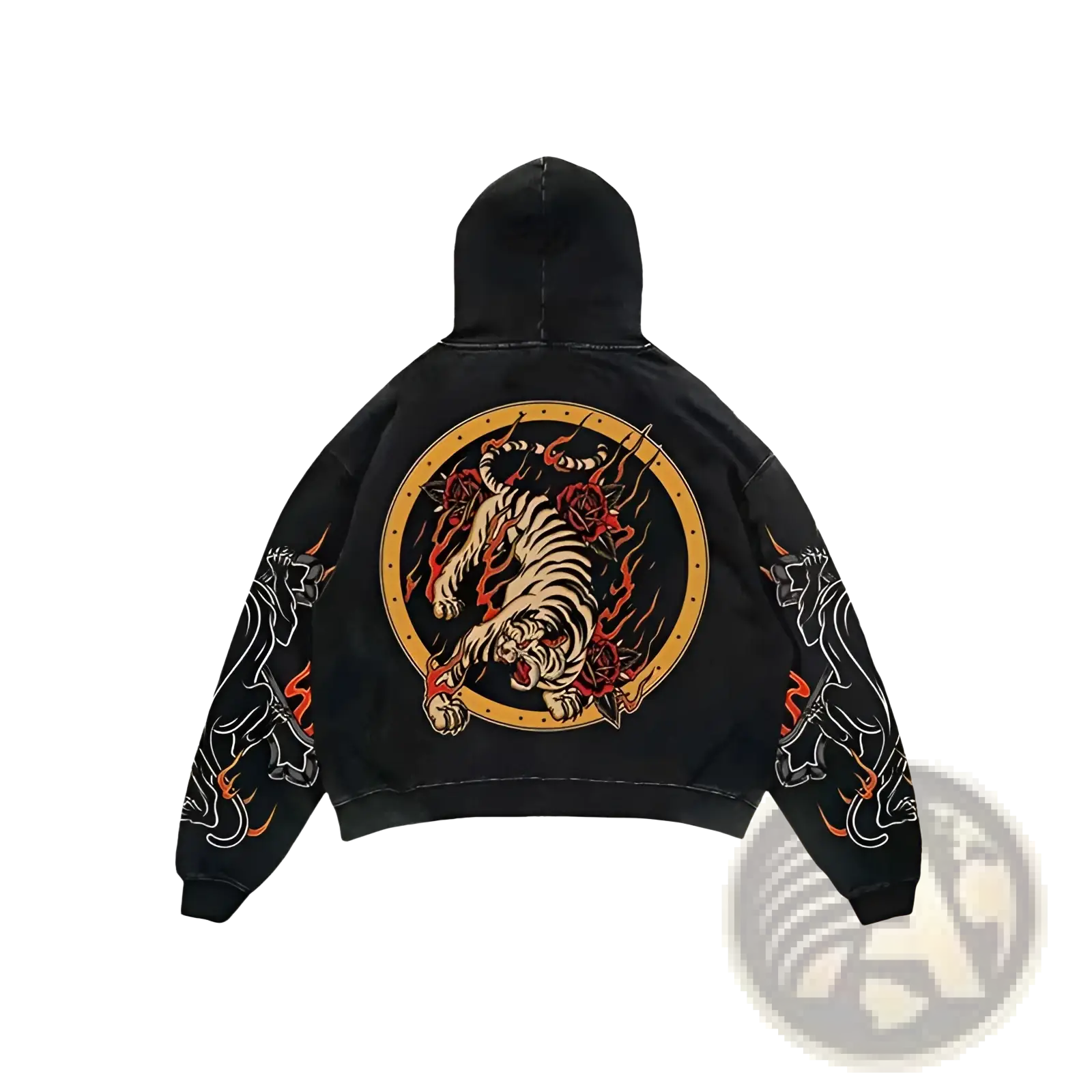 Men’s retro 3d graphic print oversized streetwear hoodie in black with bold tiger, flames, roses, and dragon sleeve motifs